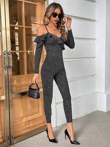 SHEIN Privé 挖肩荷葉邊金屬亮絲彈力緊身連體褲 - 深灰色 - 查看 3