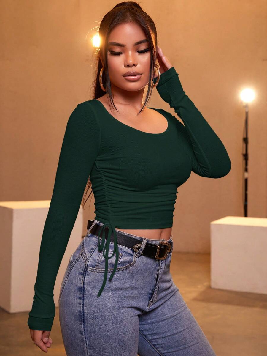 RueChic Drawstring Side Scoop Neck Tee - Dark Green - View 1