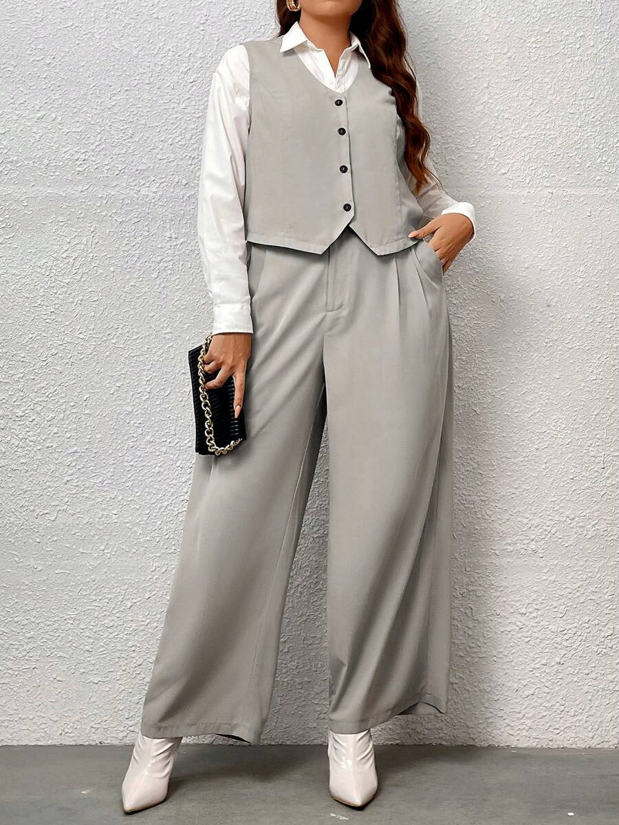 Celure Plus Button Front Vest Blazer & Wide Leg Pants Without Shirt - Khaki - View 1