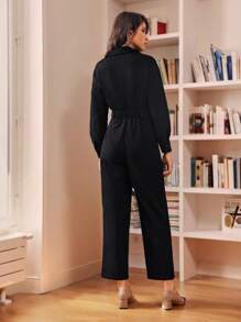 SHEIN Frenchy 素色前紐扣襯衫連體褲不附腰帶 - 黑色 - 查看 4