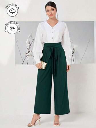 Modelyn 100% Cotton Solid Button Front Lantern Sleeve Blouse