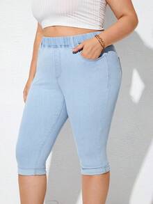 SHEIN Essnce 大碼斜口袋卷邊緊身牛仔褲 - 淺色水洗藍 - 查看 3