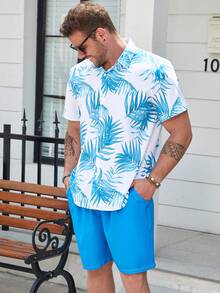 Manfinity RSRT Men Plus Tropical Print Shirt & Shorts - Blue - View 4