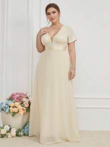 Plus Contrast Sequin Plunging Neck Party Dress - Apricot - View 4