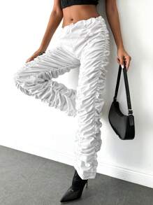 EURMUSE Solid Drawstring Waist Stacked Pants - White - View 3