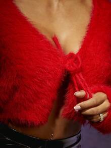 SHEIN SXY Halloween Tie Front Crop Fuzzy Cardigan - Red - View 6