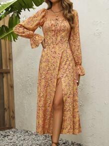SHEIN LUNE 碎花荷葉袖前打結高衩洋裝 - 彩色 - 查看 3