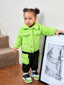 SHEIN Baby Girl Flap Pocket Teddy Jacket & Pants - Lime Green - View 5