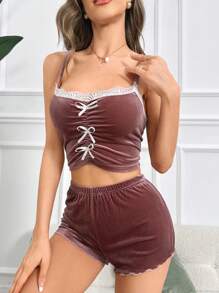 蕾丝边蝴蝶结前吊带背心和短裤睡衣套装/睡衣套装 - 藕粉色 - 查看 1