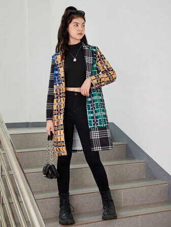 Tienermeisjes Geruite print Revers nek Jas