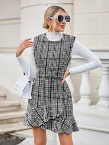 GENKIRA 格紋圖案荷葉邊粗花呢洋裝不帶T恤 - 彩色 - 查看 4