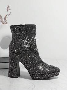 SHUZIA Bestseller Women's Bling Rhinestone Pewter Chunky Heel Platform Short Boots:Tayler Swit Inspired,Eye-Catching Luxury,Mysterious Elegance - Black - View 4