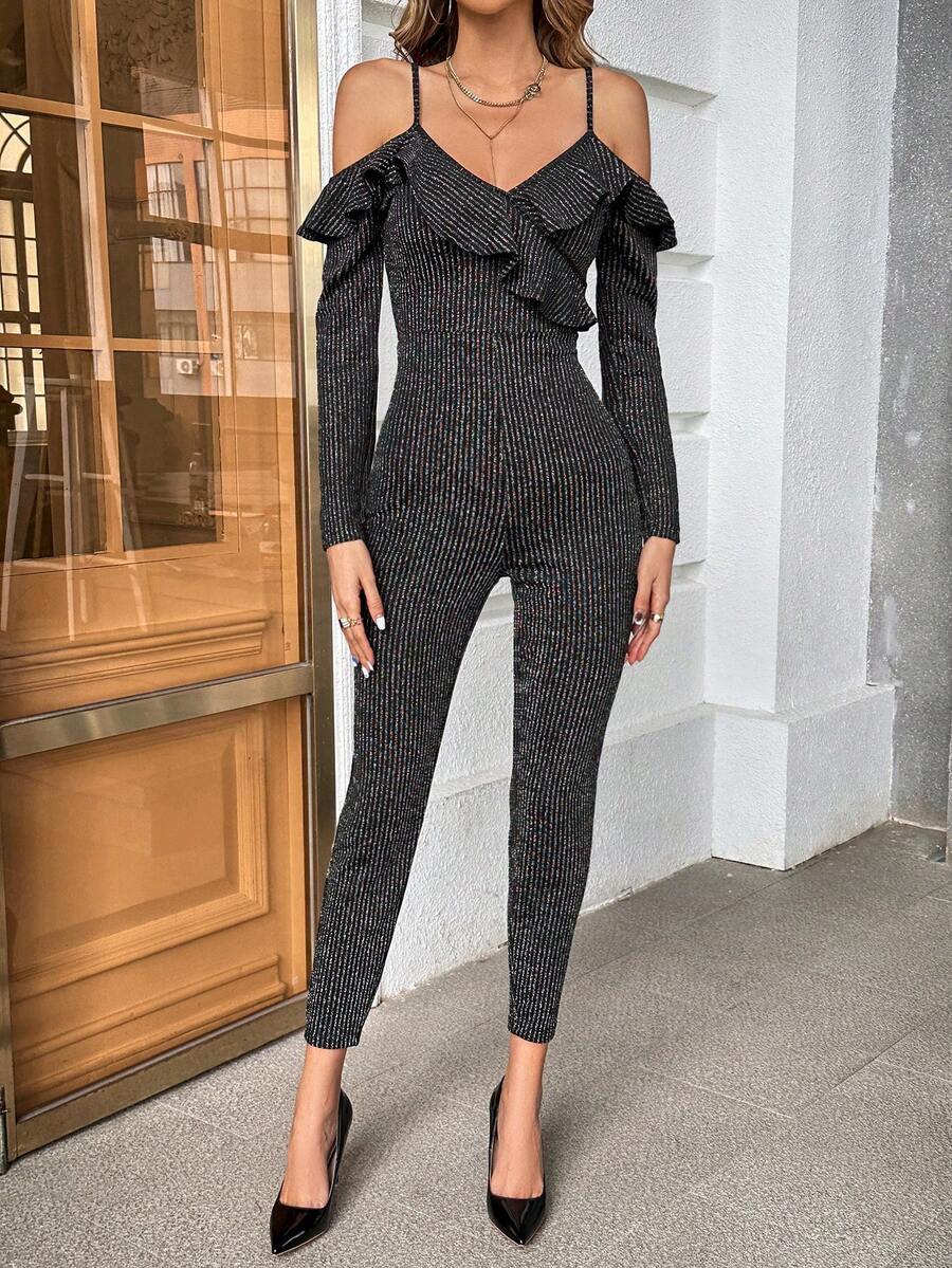 SHEIN Privé 挖肩荷葉邊金屬亮絲彈力緊身連體褲 - 深灰色 - 查看 1