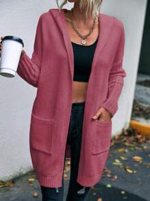 SHEIN LUNE Cárdigan de plumero con patrón de letra con doble bolsillo de hombros caídos con capucha - Rosa - Ver 2