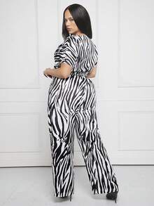 SHEIN SXY Plus Zebra Striped Batwing Sleeve Crop Top & Wide Leg Pants - Black and White - View 2