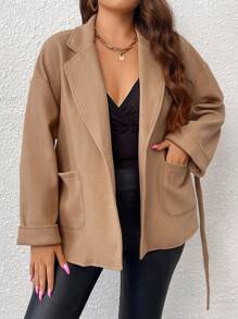 Celure 大碼西裝領雙口袋落肩袖腰帶花呢外套 - 卡其色 - 查看 5