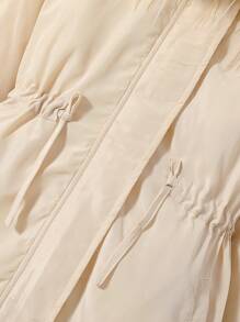 SHEIN Tween Girl Fuzzy Trim Hooded Drawstring Waist Coat - Khaki - View 7