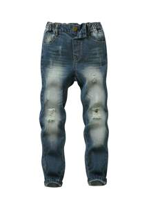 Tween Boy Ripped Washed Jeans - Dark Wash - View 1
