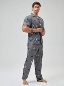 Men's Funny & Cute Grey Cartoon Print Knitted Fabric Pajama Set With Lapel Neck And Short Regular Sleeves - Grey - View 1