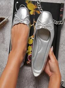 SHUZIA Metallic Bow Detail Square Toe Ballet Flats Summer Shoes Spring Shoes Spring Break Easter - Silver - View 6