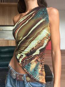 Graphic Print One Shoulder Asymmetrical Hem Top Asymmetrical Top - Brown - View 4