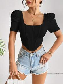 SHEIN Privé Cổ vuông Ống tay áo Viền không đối xứng Áo phông Crop - màu đen - Xem 6