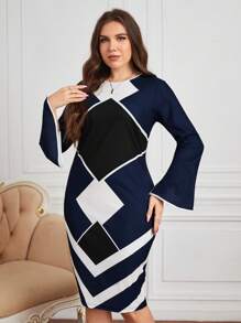 SHEIN Clasi 大碼幾何印花荷葉袖緊身洋裝 - 彩色 - 查看 3