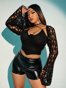 SHEIN ICON Plus Halloween Hollow Out Trumpet Sleeve Crop Cardigan With Bandana Hem Knit Top