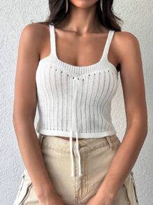 EURMUSE Women's Solid Color Drawstring Design Casual Camisole Knit Top - White - View 4