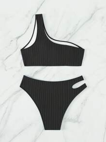 Bộ bikini một vai cut-out trơn - màu đen - Xem 2