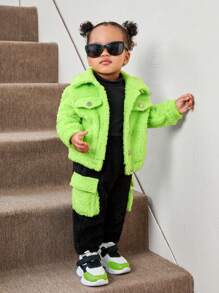 SHEIN Baby Girl Flap Pocket Teddy Jacket & Pants - Lime Green - View 1
