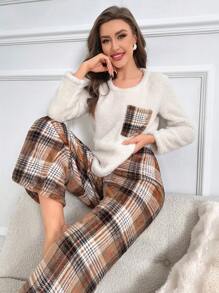 格紋印花口袋貼布休閒服套裝 - 彩色 - 查看 6