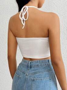 SHEIN EZwear Dây rút Ca-vát Backless Áo Crop Halter - trắng - Xem 2