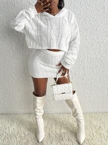 Slaydiva Xoắn Dan Thả vai áo có mũ Sweater & Knit Skirt - trắng - Xem 3