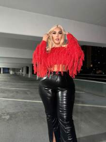 SHEIN SXY Plus Fringe Trim Crop Sweater