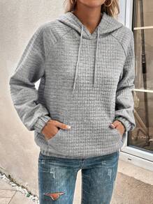 SHEIN LUNE Túi kangaroo Tay Raglan Dây rút Hoodie - Xám - Xem 5