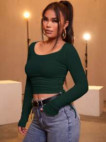 RueChic Drawstring Side Scoop Neck Tee - Dark Green - View 4