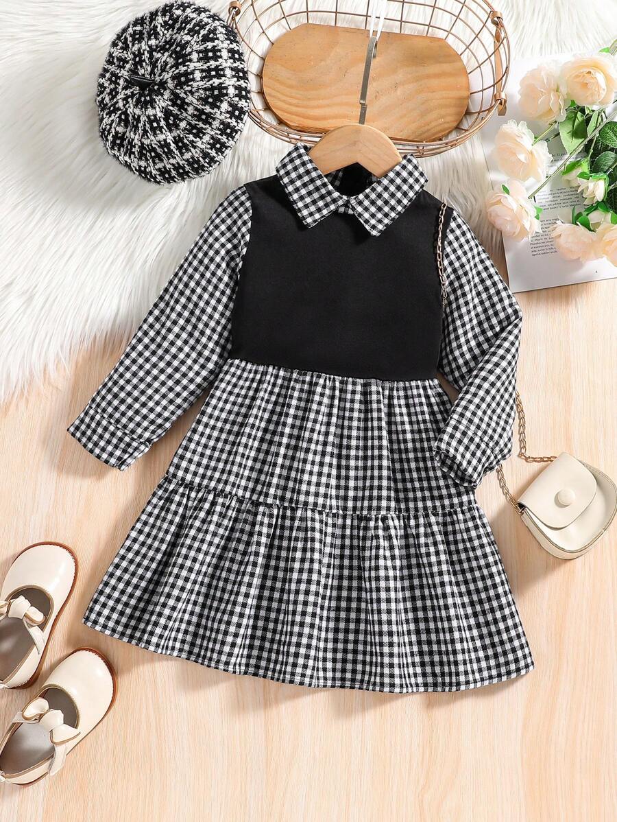 SHEIN Genkimix Kids 返校格子拼布衬衫领、喇叭形分层裙装、优雅舒适的休闲校服风格，适合年轻女孩 - 彩色 - 查看 1