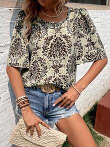 SHEIN Holidaya Allover Print Puff Sleeve Blouse - Coffee Brown - View 3
