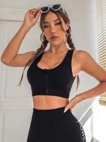 Solid Zip Up Sports Bra - Black - View 1