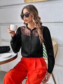 SHEIN Privé Contrast Lace Button Front Shirt - Black - View 6