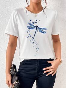 SHEIN LUNE Simple Style Dragonfly Printed Round Neck Short Sleeve Women's Casual T-Shirt - White - View 1