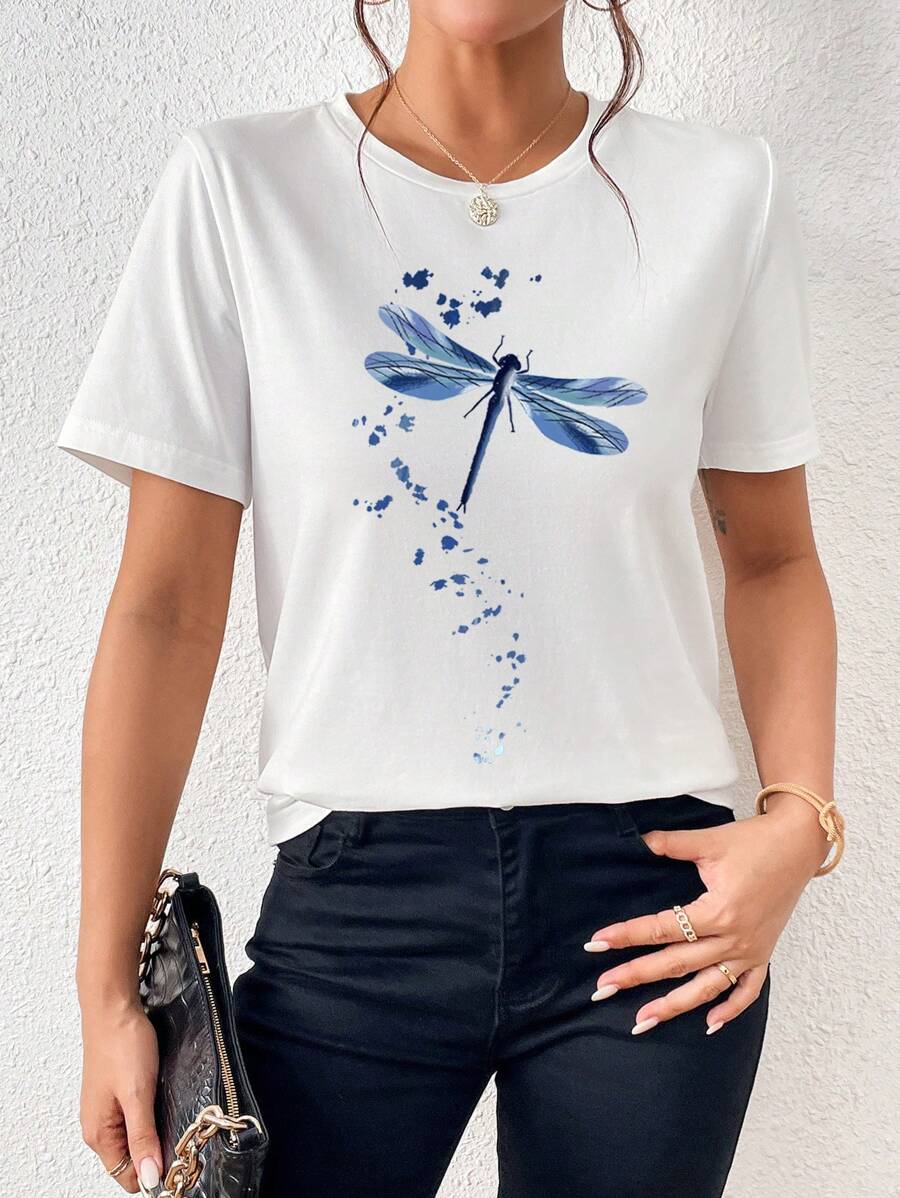 SHEIN LUNE Simple Style Dragonfly Printed Round Neck Short Sleeve Women's Casual T-Shirt - White - View 1