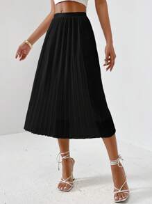 SHEIN Privé Falda unicolor bajo fruncido - Negro - Ver 5