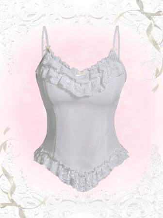 Kawaii Top de tirantes con encaje en contraste ribete con fruncido