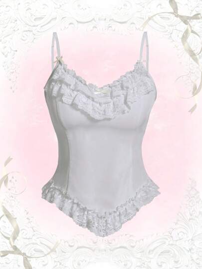 Kawaii صدرية كامي دانتيل متباين اللون مقلم بكشكش