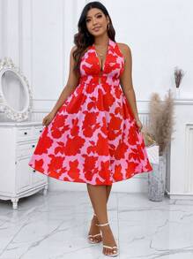 Breezaya Plus Floral Print Tie Backless Halter Dress - Multicolor - View 5