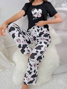 Conjunto de pijama con estampado de vaca y letra - Multicolor - Ver 6