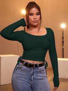 RueChic Drawstring Side Scoop Neck Tee - Dark Green - View 3