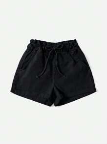 Drawstring Waist Roll Hem Denim Shorts - Black - View 4